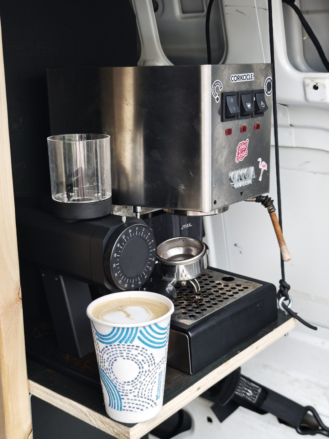Fresh latte from the espresso machine in the van