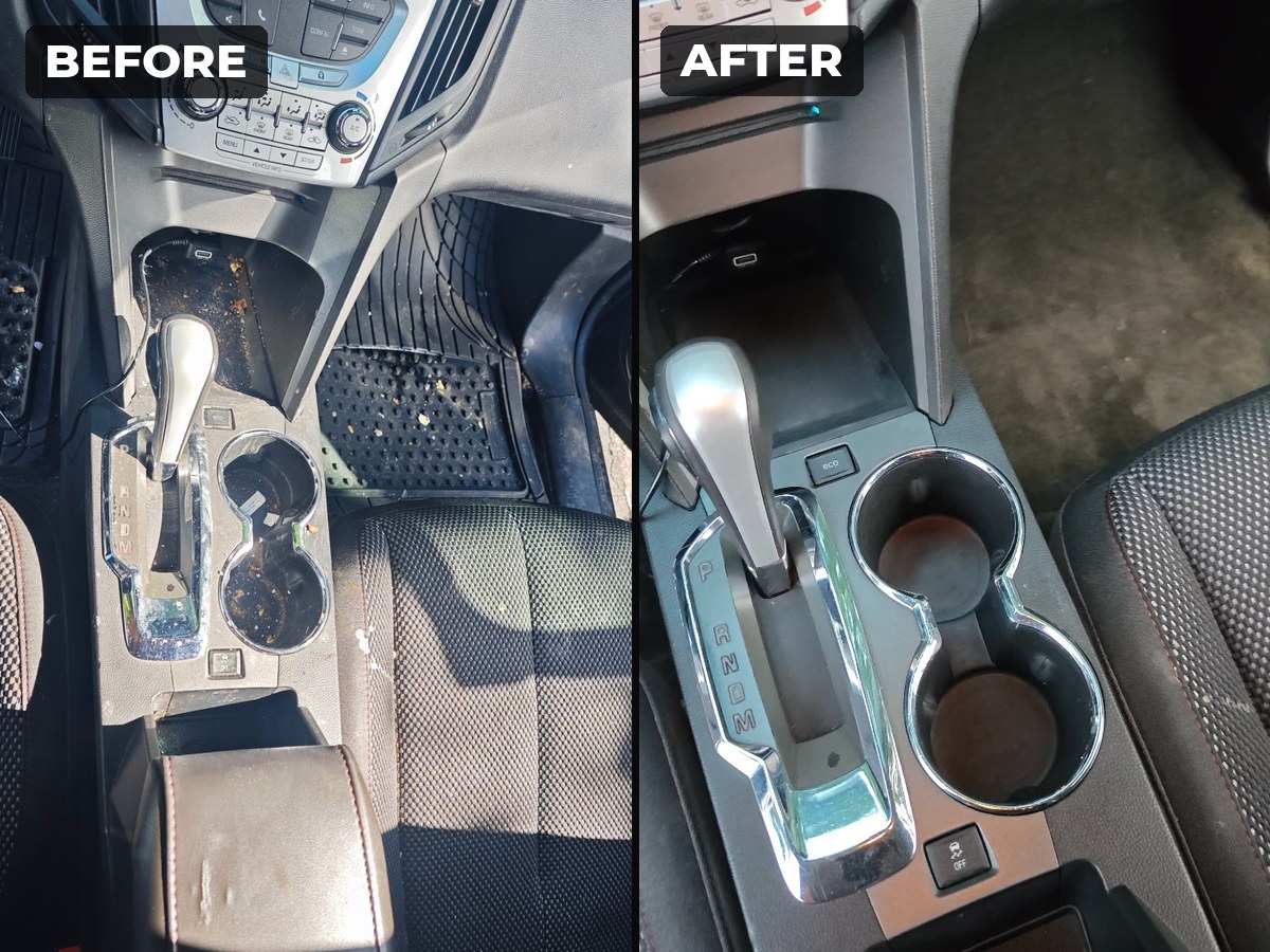 Car center console before and after an interior deep clean